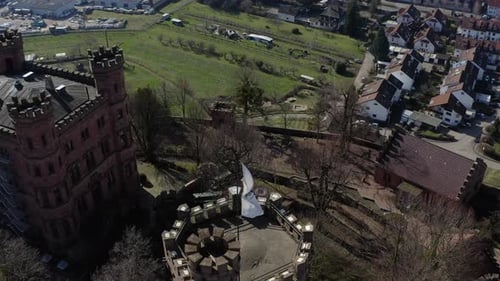Aerial view of castle and white flag, Germany.