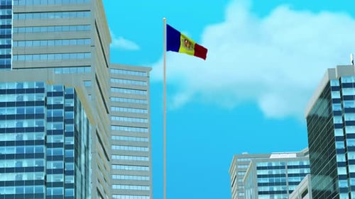 Andorra National Flag Waving Over Modern City Corporate Buildings