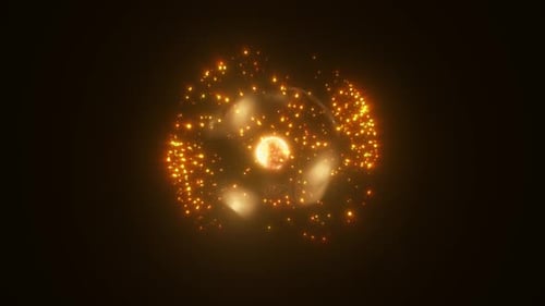 Abstract yellow orange energy glowing digital sphere atom made of iridescent energy