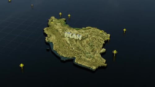 Animated 3D Map of Iran with Geographic Location Pins