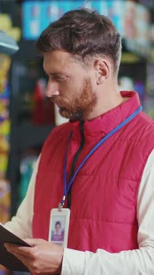 A Professional Media Stocker is Actively Engaged in Their Duties at a Retail Store Setting