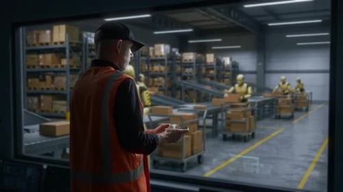 Robot Maintenance Scene Technicians Evaluate Autonomous Packaging Robots In Busy Warehouse