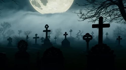Luna llena de la noche de Halloween sobre un cementerio embrujado