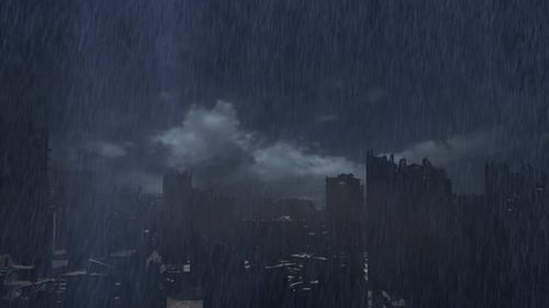 Dark Post-Apocalyptic Cityscape Under a Stormy Night Sky