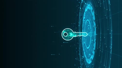 Blue security key logo with particle ring circle rotation with ai technology icons