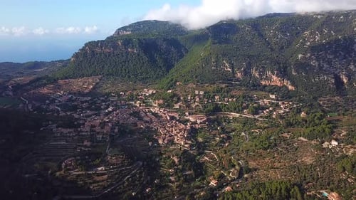 Aerial view of Valldemossa landscape, Mallorca, Spain, surrounded by mountains