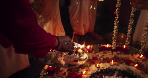 Hindu Religious Ceremony Traditions: Slow Motion of Group of People Burning Sages and G