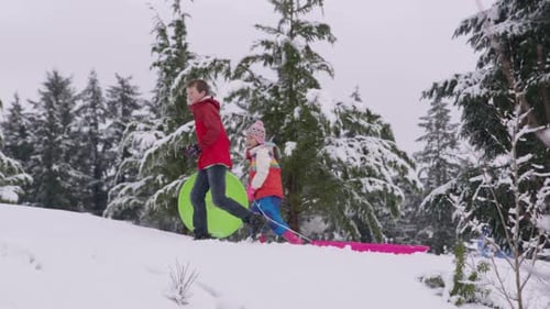 Kids Walking Through Snow with Sleds in Winter Activity