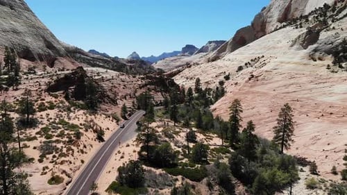 Road in Canyon of Zion National Park, Utah USA. Cinematic Aerial View of Scenic Red Sandstone Landsc