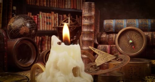 Vintage style travel and adventure. Vintage old compass and other vintage items on the table.