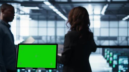 Close Up of Chroma Key Tablet Next to Server Room Data Scientists