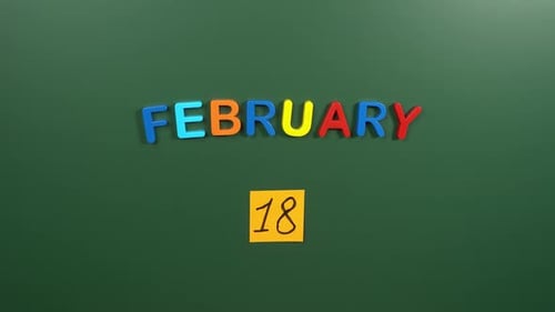 Hand sticking a sticker 18 February calendar day on school board. 18 date of February. Eighteenth