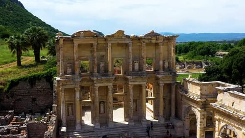 Stunning long aerial shot of the Celsus library in the ancient city of Ephesus in Turkey