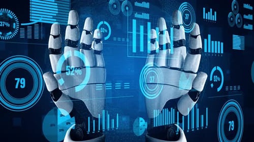 Futuristic Robot Hands Interacting with Digital Charts and Graphs in Technology Concept, Representin