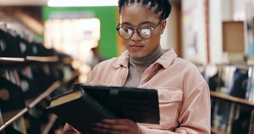 College, student and thinking with tablet in campus library for book study or online course