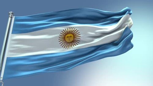 Realistic Waving Argentina Flag on Pole with Blue Sky Background