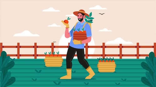 Flat Design Animation of a Farmer Carrying Carrots