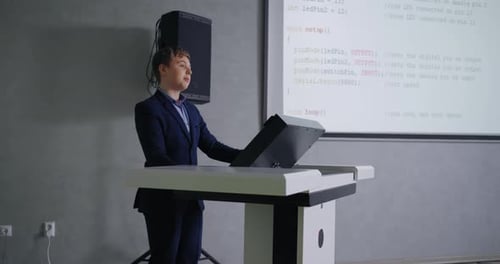 Smart Teen Boy Presenting Computer Science Project In Classroom Future Programmer