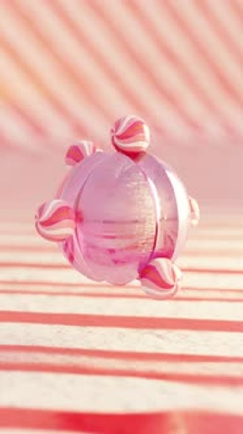 3D Rendering of Small Candy Balls Rolling on Pink Sphere in Loop