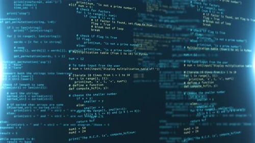 Código de programa 3D movido en el espacio virtual, flujo de datos, animación, desarrollo de software de TI