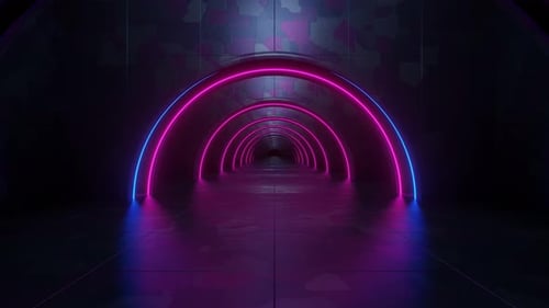 Éclairage au néon dans un tunnel métallique. Déplacement de la caméra le long d'un tunnel métallique Animation fluide. Logo Vijay