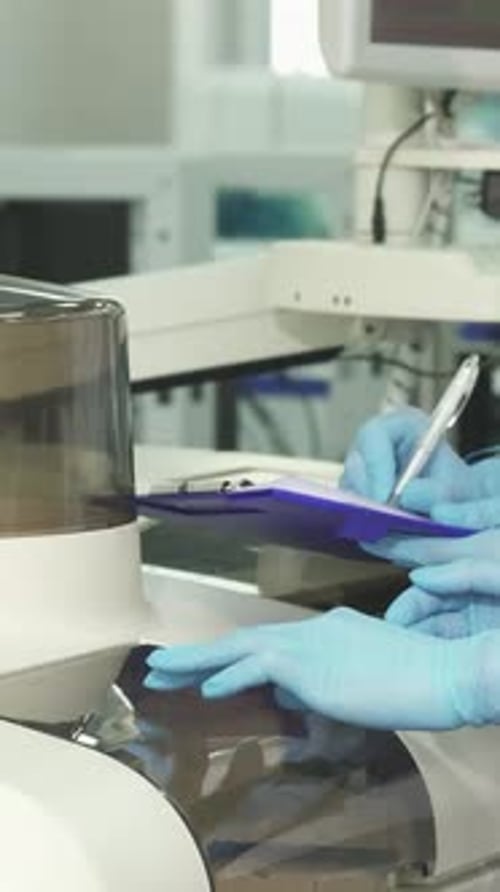 Medical Professional Using Lab Machine and Taking Notes