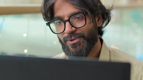 Close Up Indian Happy Businessman Wear Glasses Bearded Worker Arabian Man Talk to Laptop Web Camera