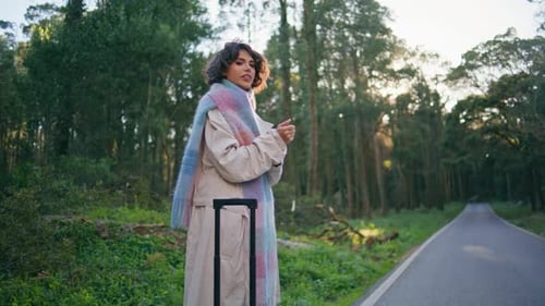 Contemplative Woman Standing Woodland at Dawn Wanderer Contemplating Forest