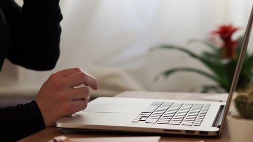 Woman Drinks Coffee In Front Of The Computer