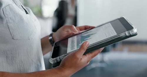 Hands, tablet and business woman with graphs, website review and internet research in office