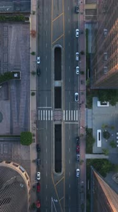 Top Down Pull Down Aerial of Downtown Los Angeles Streets and Skyscrapers Showing Urban Landscape