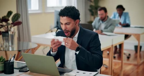 Corporate, man and sneeze with tissue in office for allergy season, influenza infection