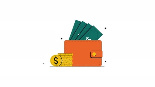 Flat Design Wallet with Money and Coins Animation