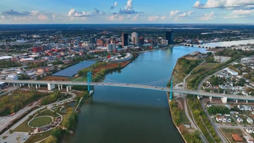 Flying over the Maumee River in Toledo, Ohio, USA at sundown.