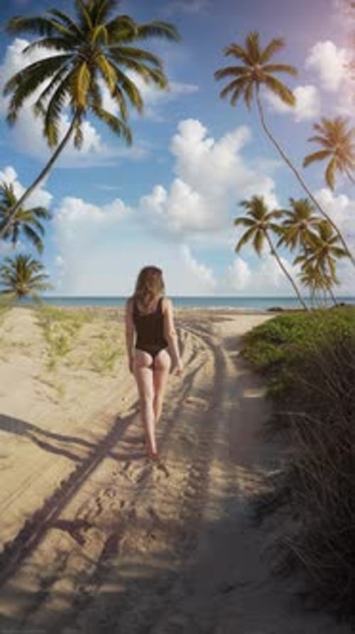 A Slender Brunette Woman in a Black Bodysuit on a Sandy Tropical Beach