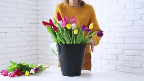 Femme fleuriste faisant un beau bouquet de tulipes.