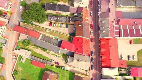 Top aerial panoramic view of Lowicz old town historical city centre with Rynek Market Square, Old To