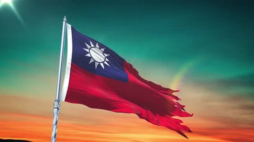 Taiwan Flag Waving with Tattered Edges in Cinematic Sky