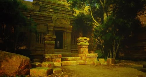 Ancient Stone Temple Ruins Surrounded By Lush Greenery at Sunset