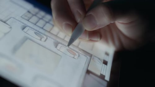 Close up of an architect drawing over the house layout on a tablet