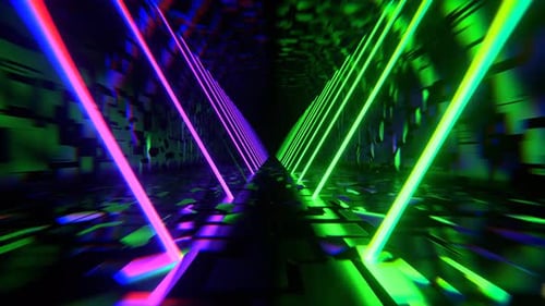 Purple And Green Endless Sci Fi Corridor With Neon Long Lamps Background Vj Loop In 4K