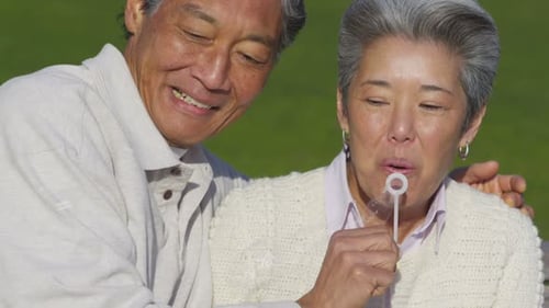 Happy Senior Couple in Park Blowing Bubbles Together 50-55