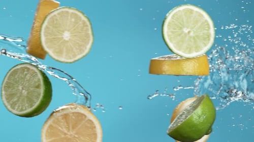 Bright Sliced Citrus Fruit Splashing in Water
