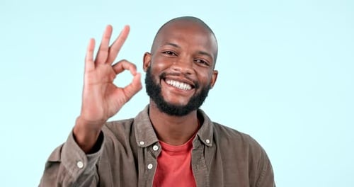 Ok hands, face and man in studio voting for good review, trust or excellence sign on blue