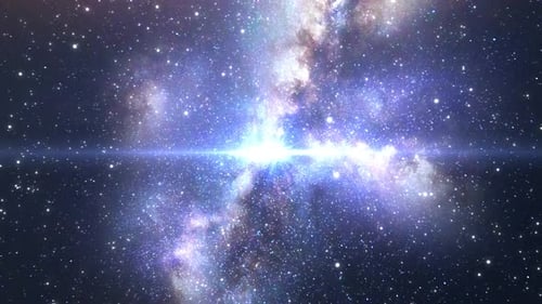 Slow flight in deep space. Blue starry night sky on a cosmic background. Travel through Milky Way.