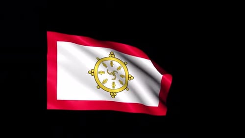 Waving Religious Flag with Golden Dharma Wheel Symbol