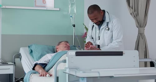 Hospital checkup, sick and a black man with a patient for exam after surgery, treatment or a virus