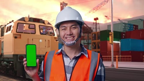 Close Up Of Asian Male Engineer Smiling And Showing Green Screen Smartphone With Freight Cargo Train