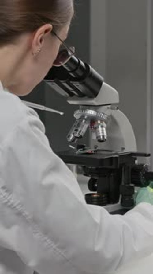 Woman Scientist Using Microscope in Medical Laboratory