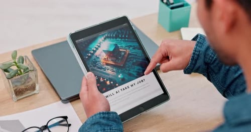 Article, hands and AI information at a home office desk with social media and website scroll